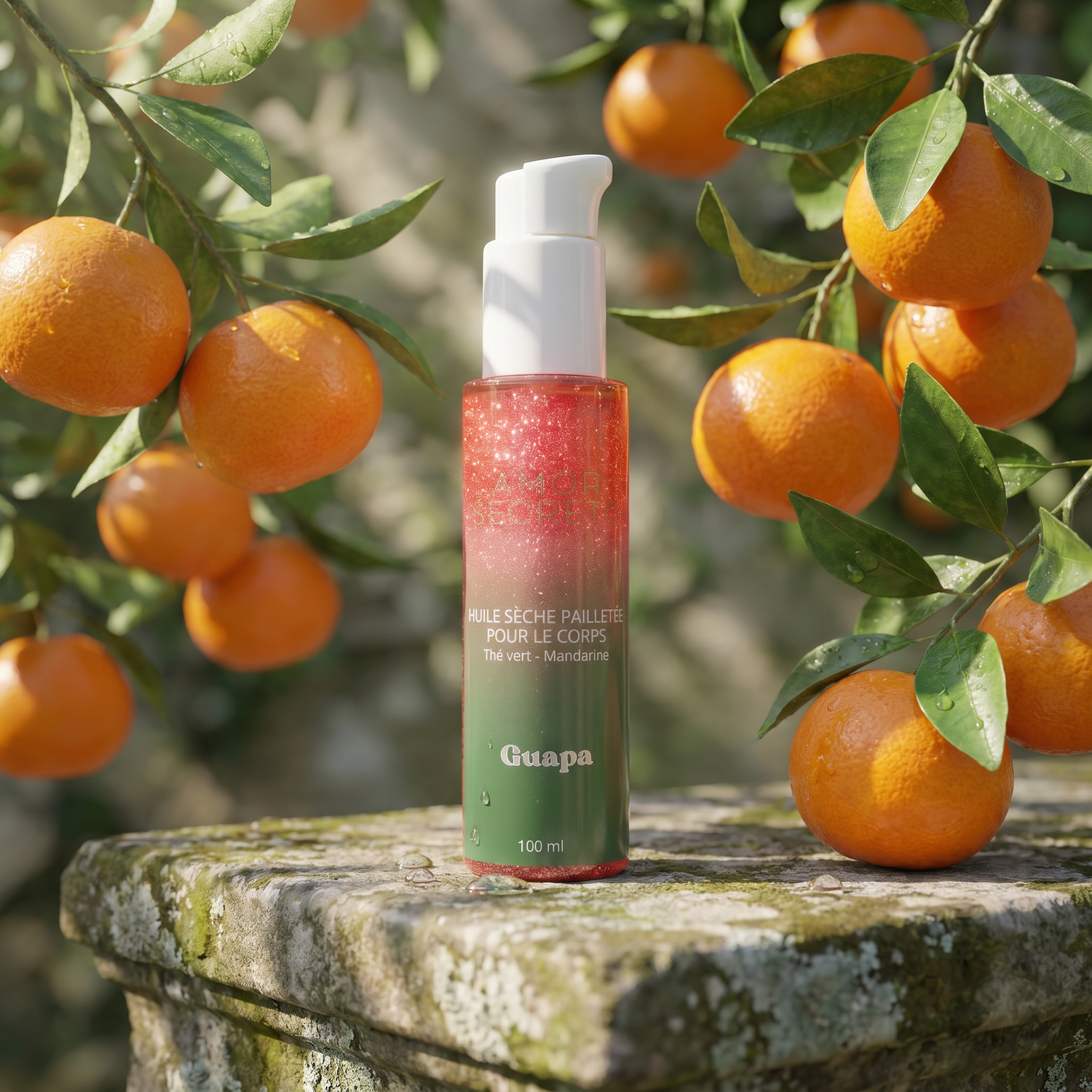 Huile sèche pailletée scintillante - Thé vert et Mandarine - 100 ml